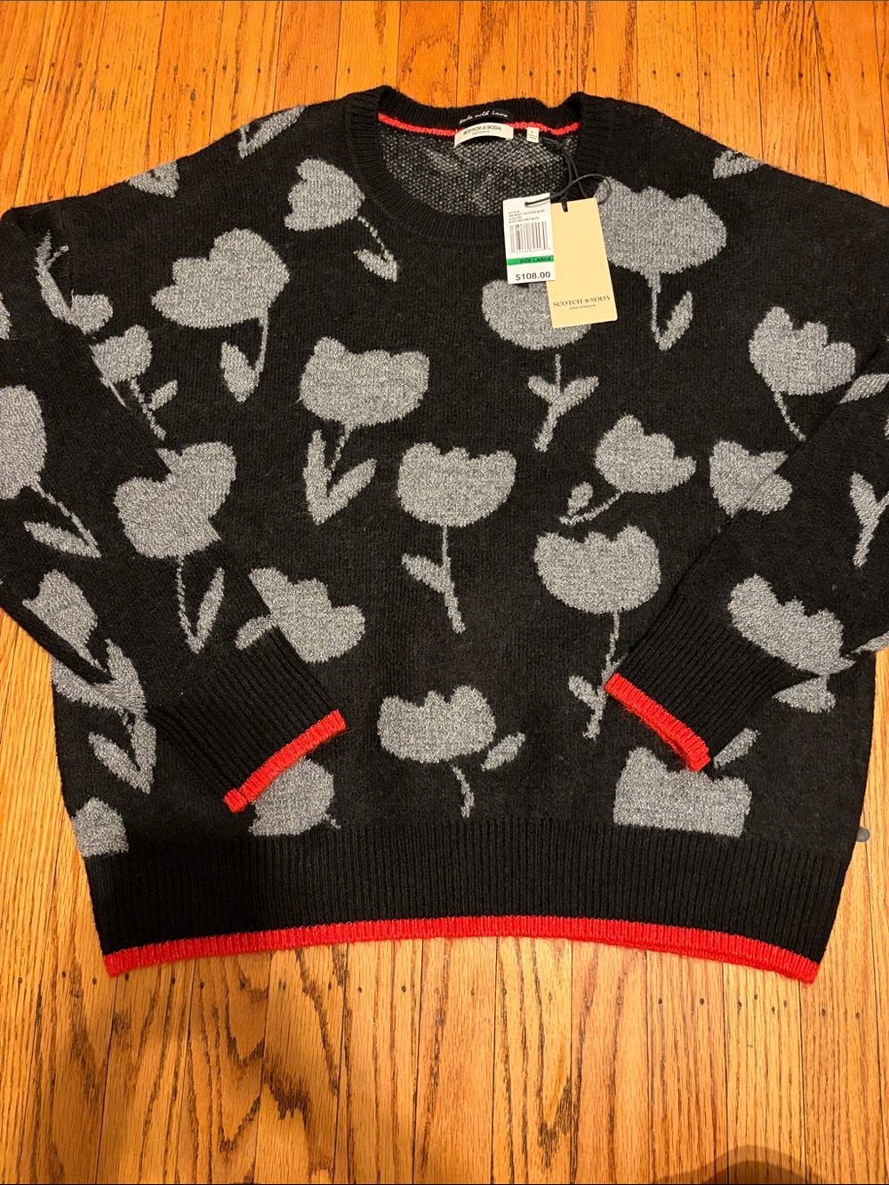 Scotch & Soda Black Crewneck Sweater with Gray Floral Motif and Red Trim